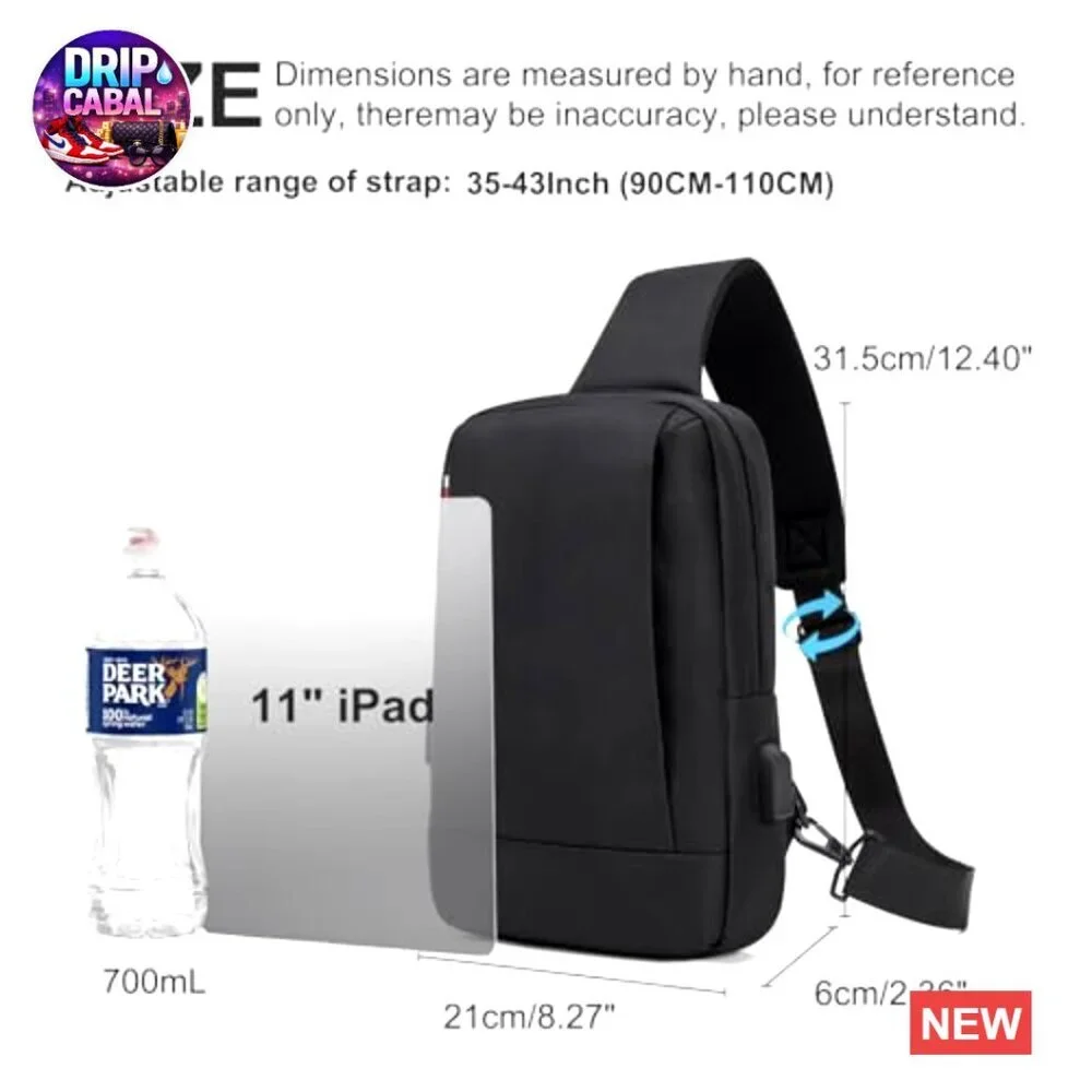 Oxford Cloth Sling Bag with USB Charging Port, Adjustable Strap, Waterproof